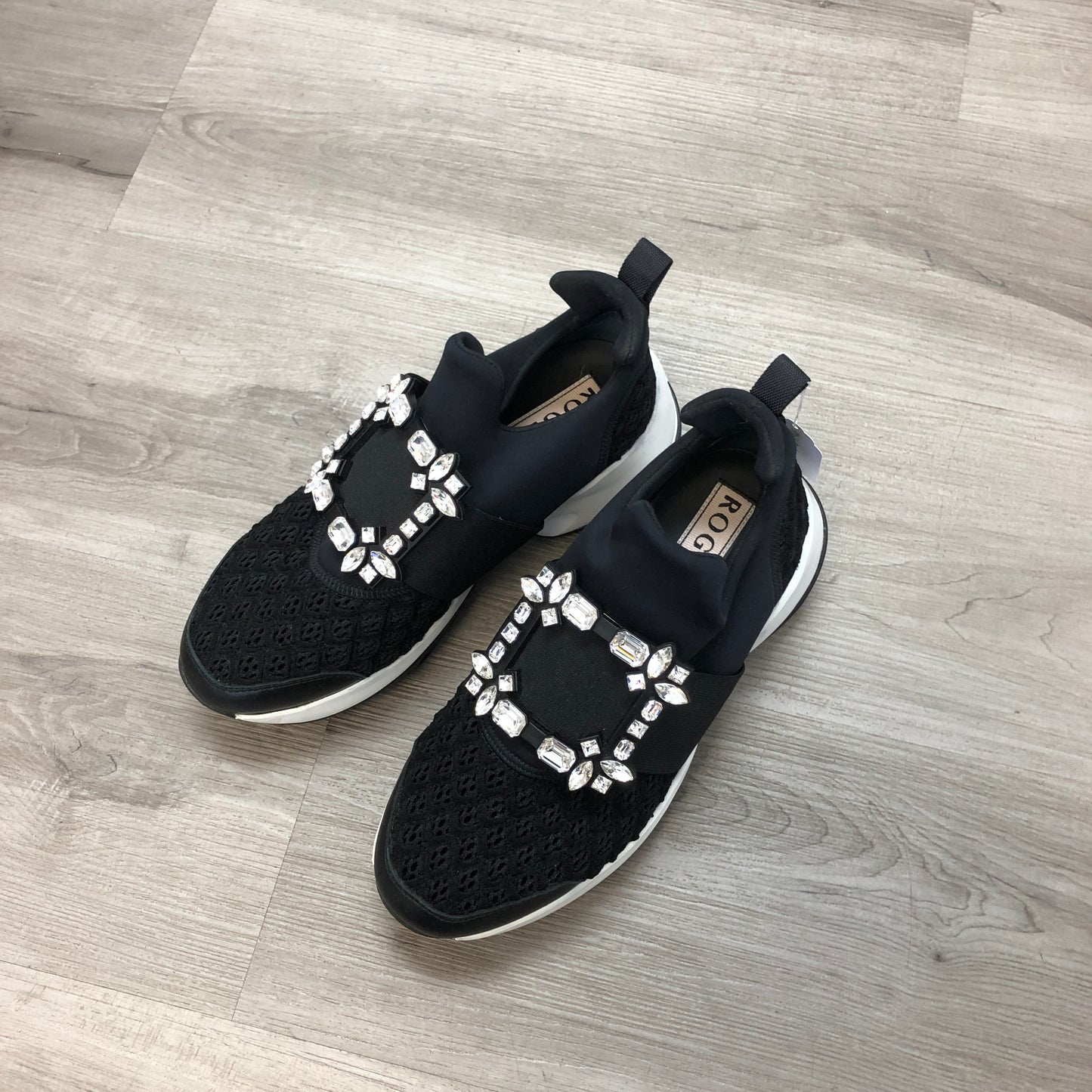 Roger Vivier Women's Mesh Fabric Crystal Buckle Slip-On Sneaker Mule Shoes 36 Black White Two-Tone
