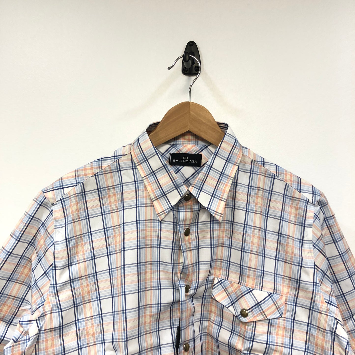 Balenciaga Blue Yellow White Plaid Short Sleeve Button Shirt US Size 6