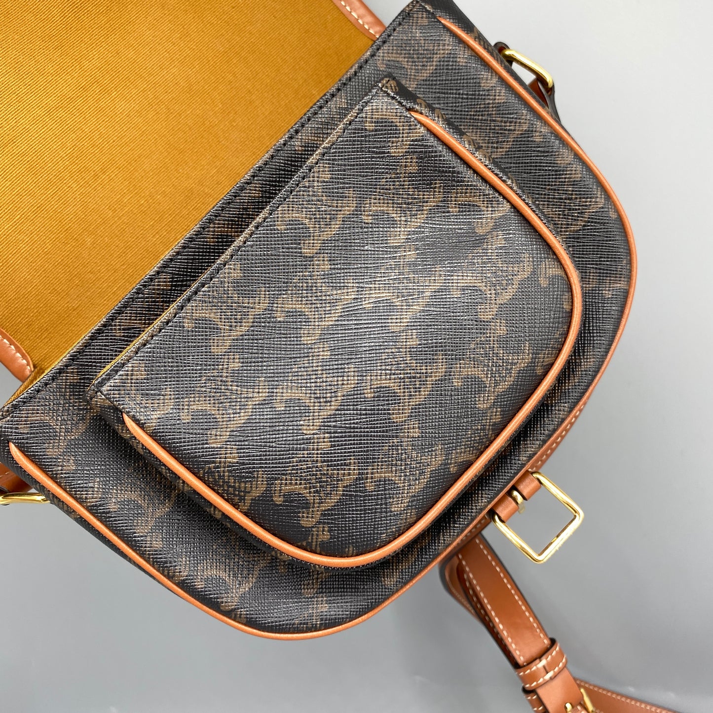Celine Triomphe Canvas Leather Trim Saddle Crossbody Bag