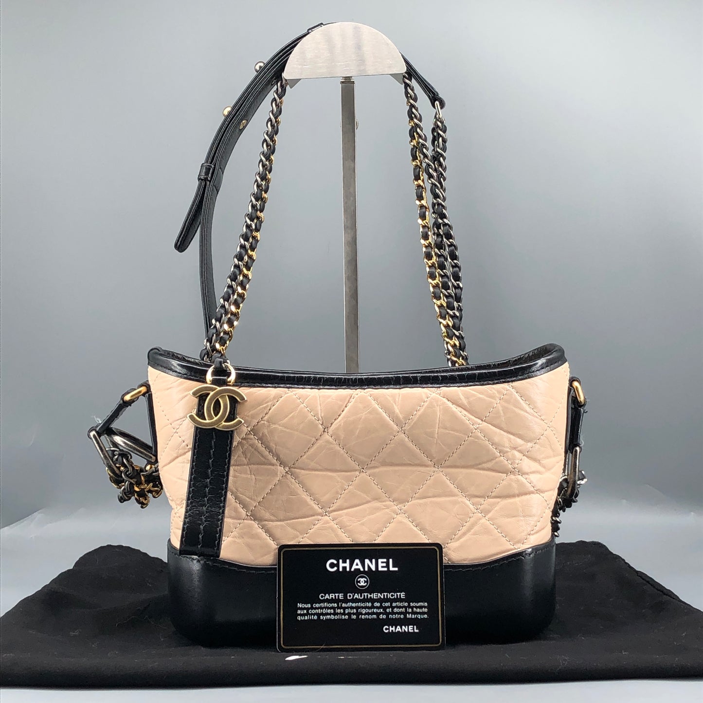 Chanel Aged Calfskin Quilted Small Gabrielle Hobo Beige Black