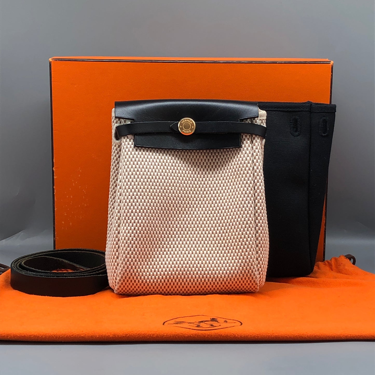 Hermes Herbag Mini (TPM) Cream/Black Canvas Leather Bag