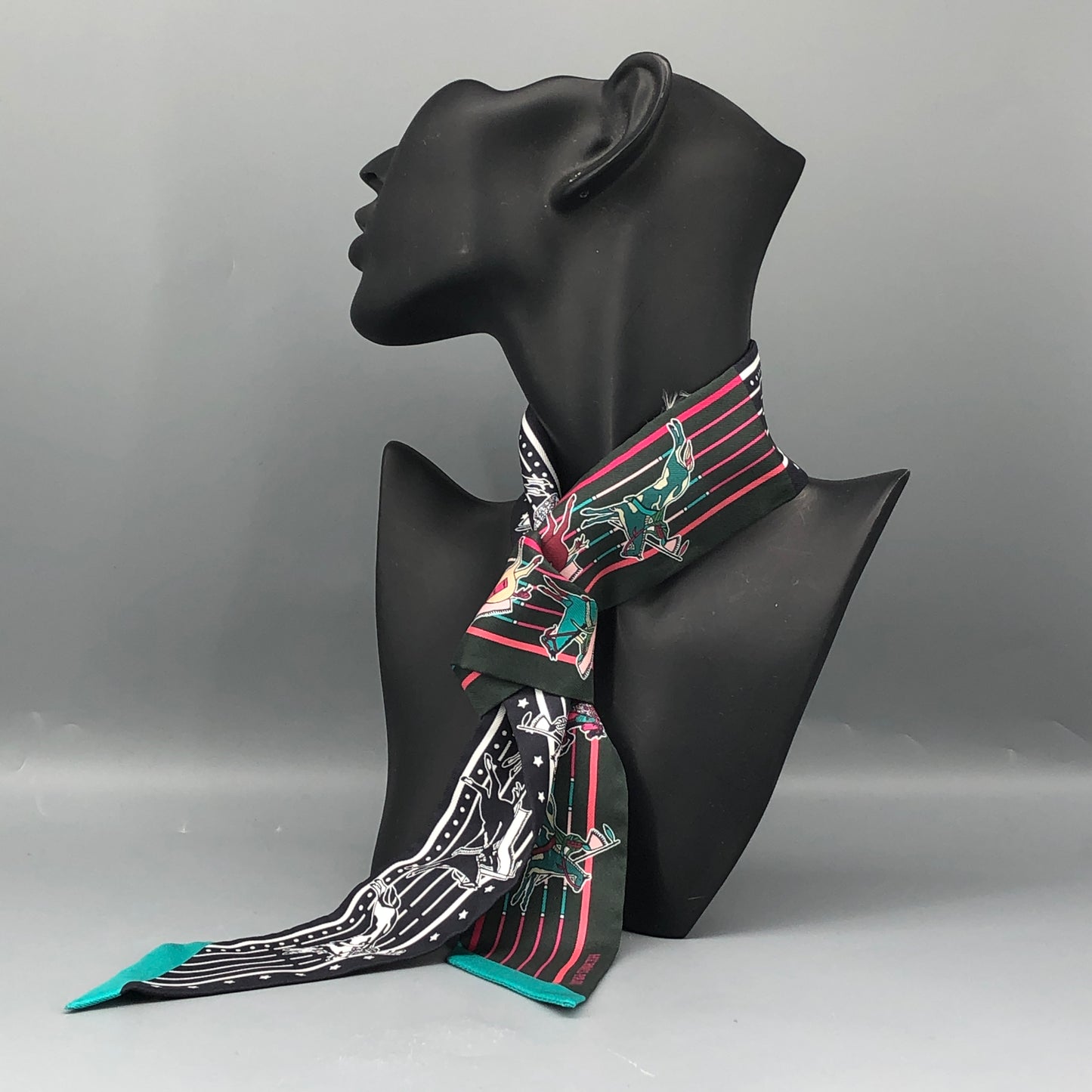 Hermes Printed Silk Twilly Scarf 885cm Dark Green Black Pink