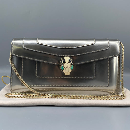 Bvlgari Serpenti Forever Silver Metallic Leather Chain Shoulder Bag
