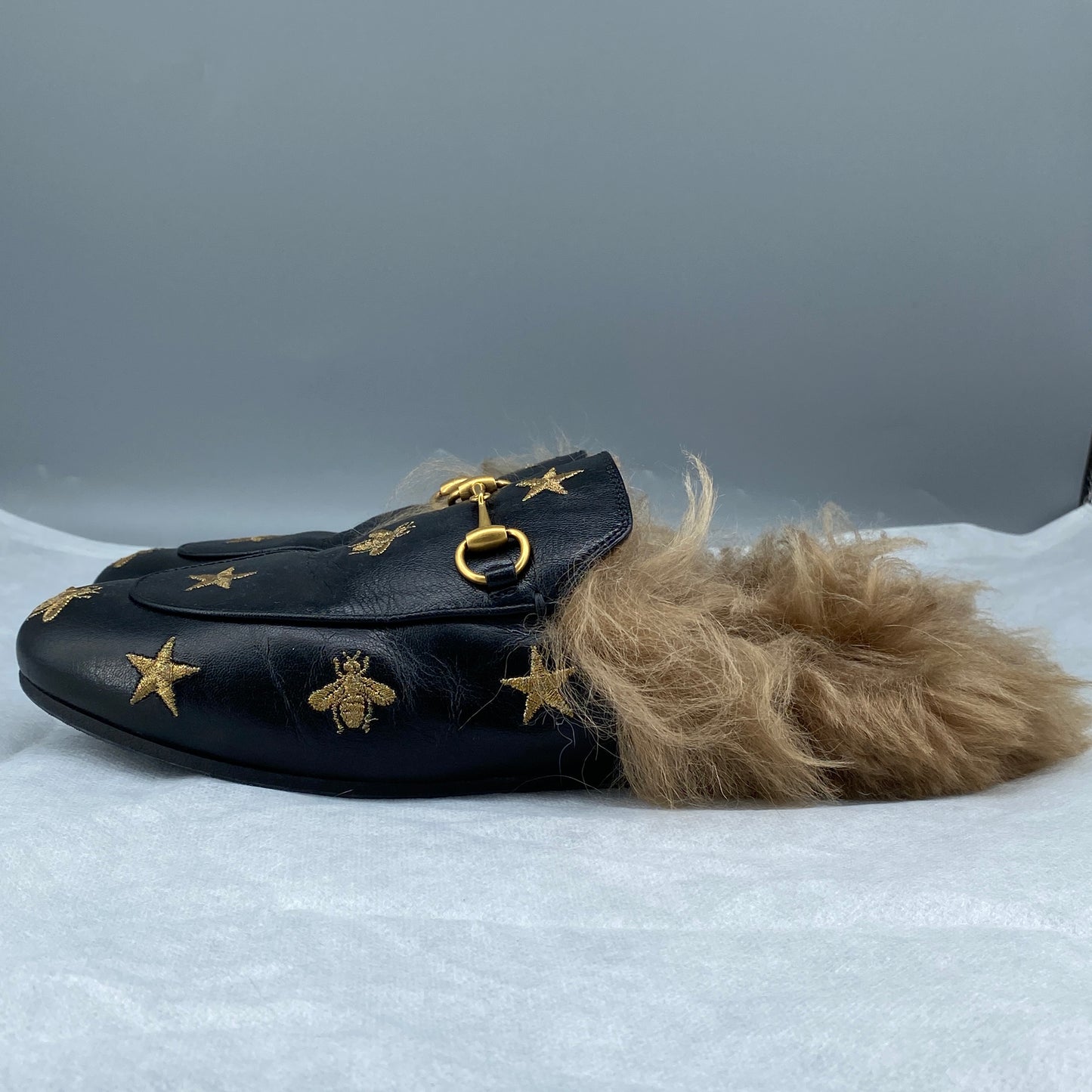 Gucci Women's  Black Leather Star Embroidery Horsebit Fur Lined Backless Mule Loafers Outsole 26cm