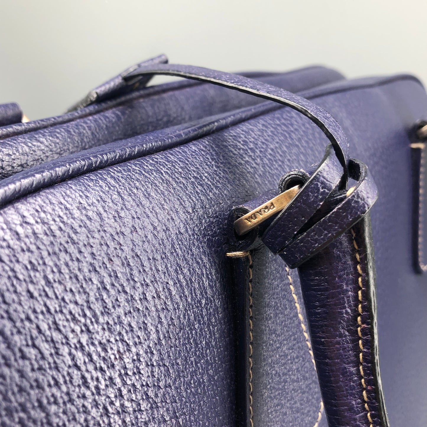 Prada Bauletto Medium Pebbled Leather Handbag  Ink Blue