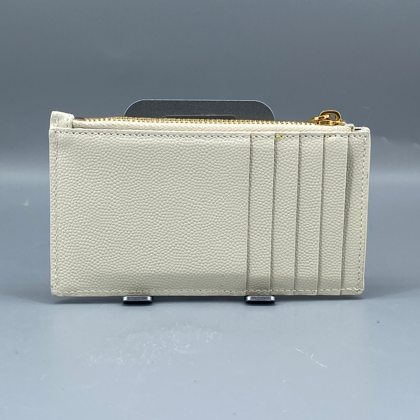 Saint Laurent Cream Grain Leather Quilted Zip Card Holder Wallet