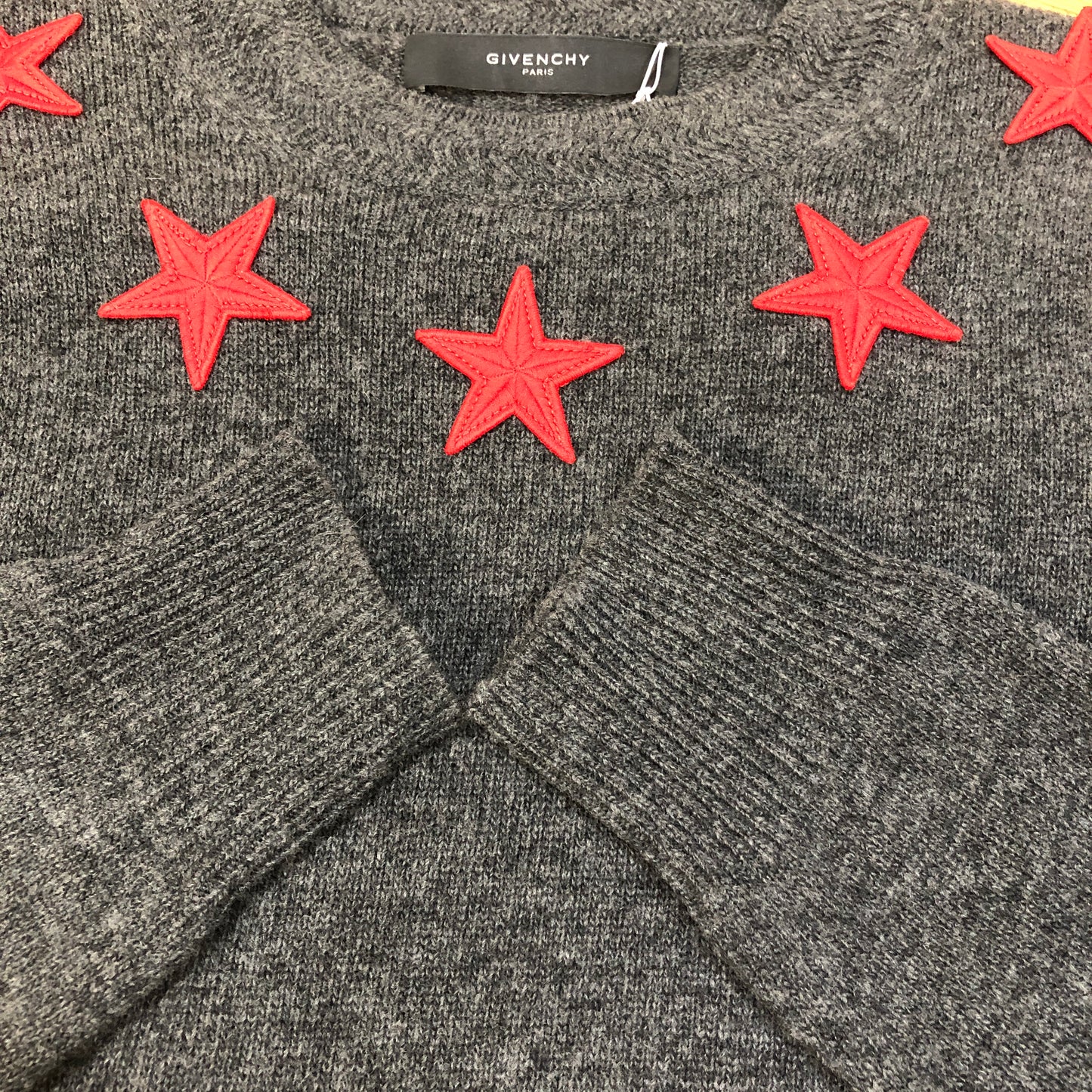 GIVENCHY Heather Grey Star Print Crew Neck Knit Sweater Size S