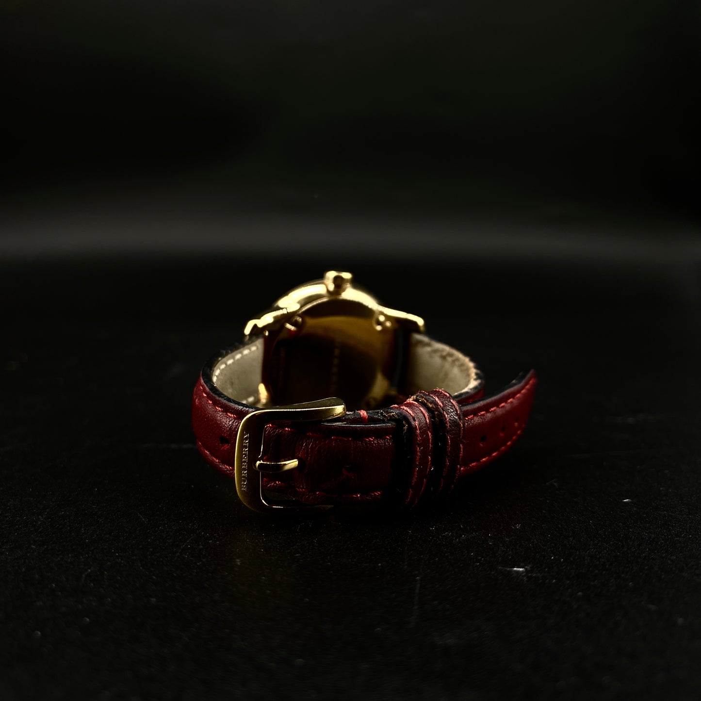 Burberry Gold Case Quartz Watch Dark Red Leather Strap