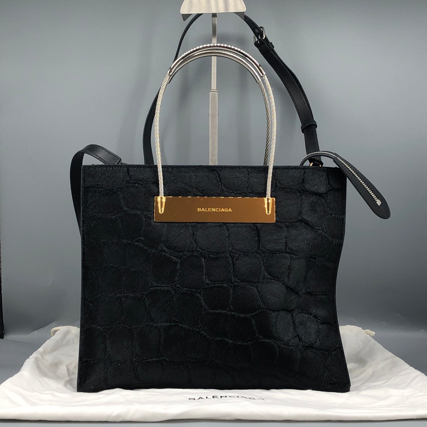Balenciaga Black Cable Shopper tote Croc-Embossed Metal Top Handle