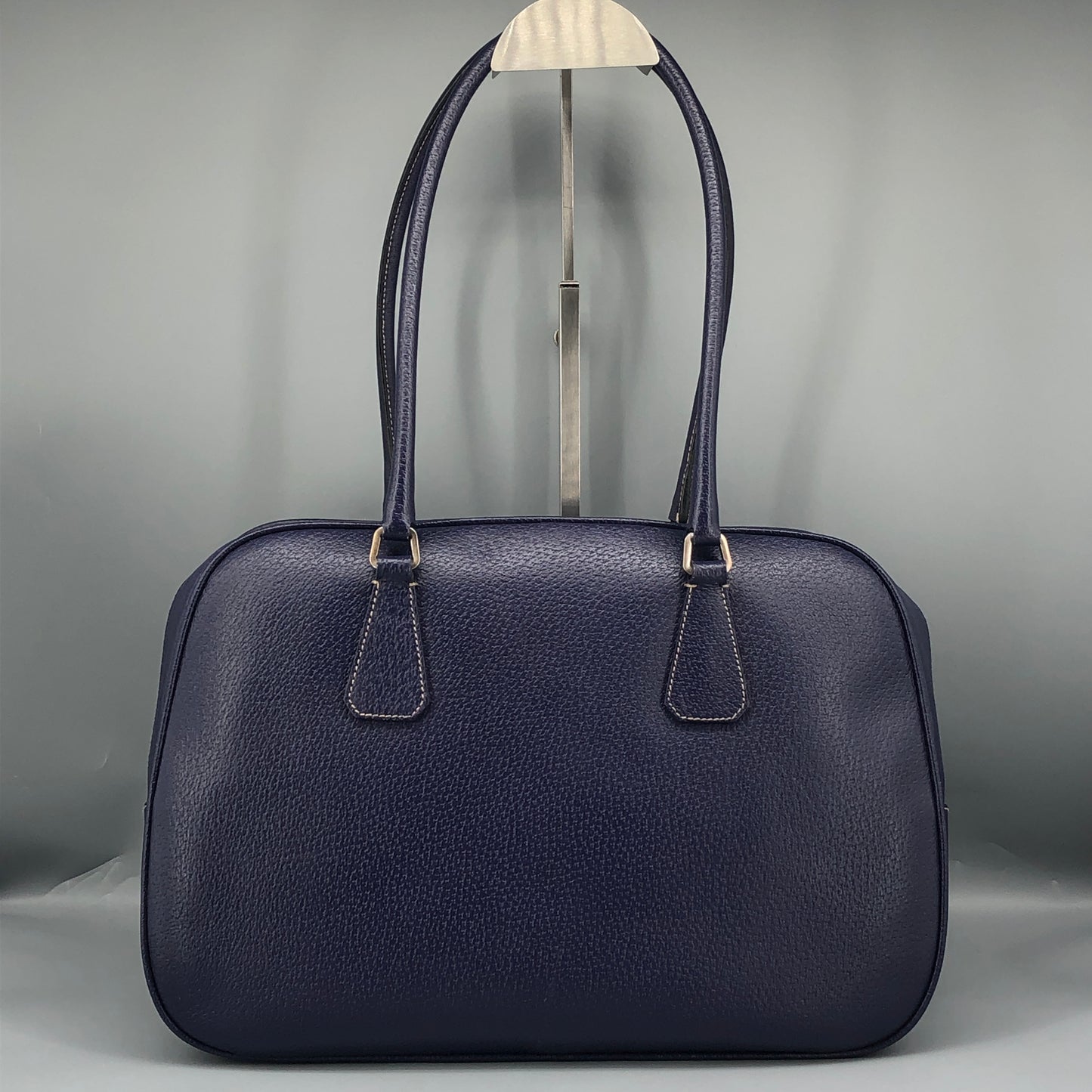 Prada Bauletto Medium Pebbled Leather Handbag  Ink Blue