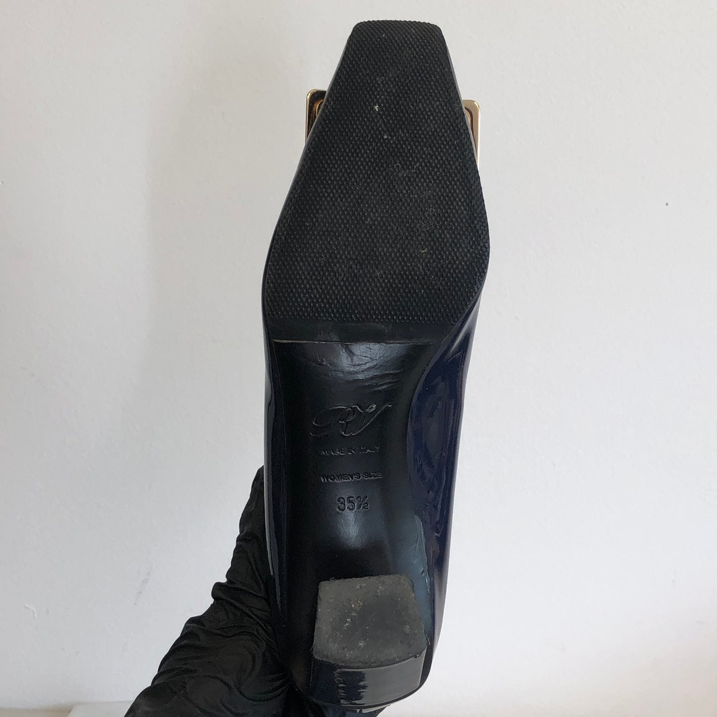 Roger Vivier Navy Patent Leather Square‑Buckle Block Heel Shoes size 35 1/2