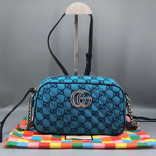 Gucci GG Marmont Small Camera Bag in Blue Diagonal Quilted Canvas