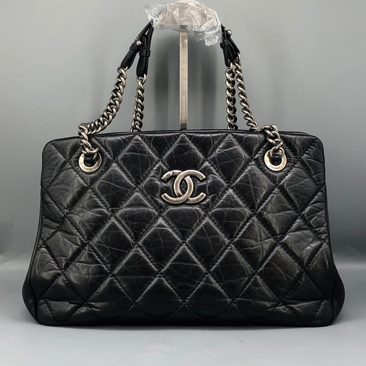 Chanel Quilted Leather Chain Shoulder Tote Bag Black