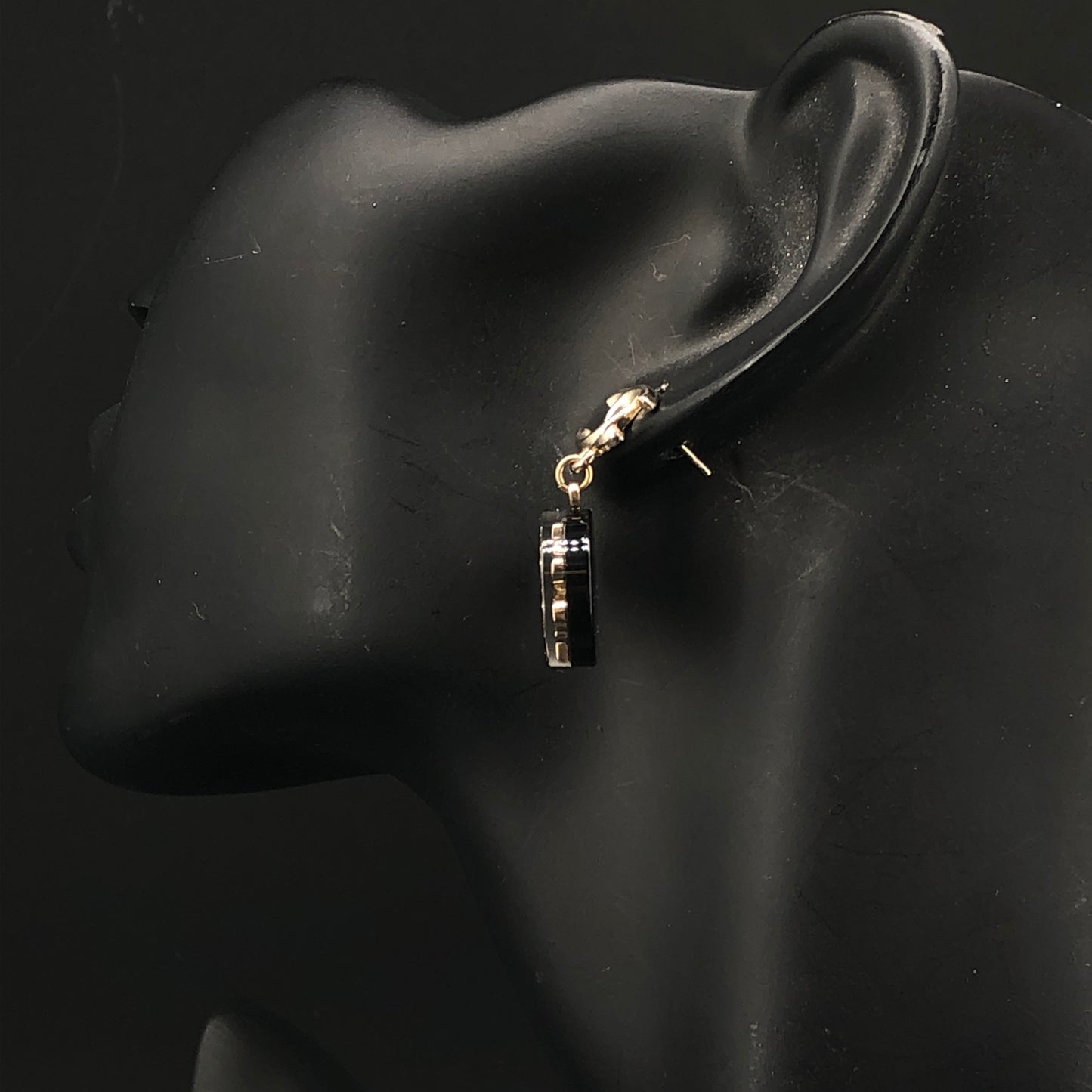 Chanel 2021 Gold Tone Black Enamel Crystal Round Drop Earrings
