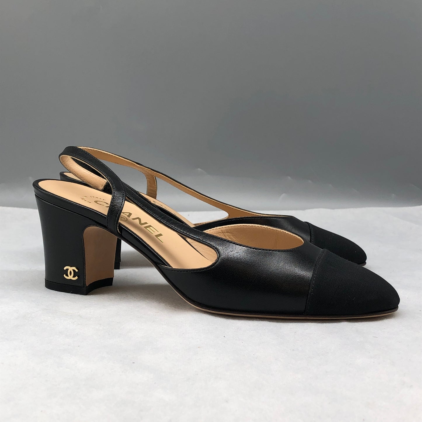 Chanel Black Satin & Leather Cap-Toe Slingback Block Heel Pumps Size 36