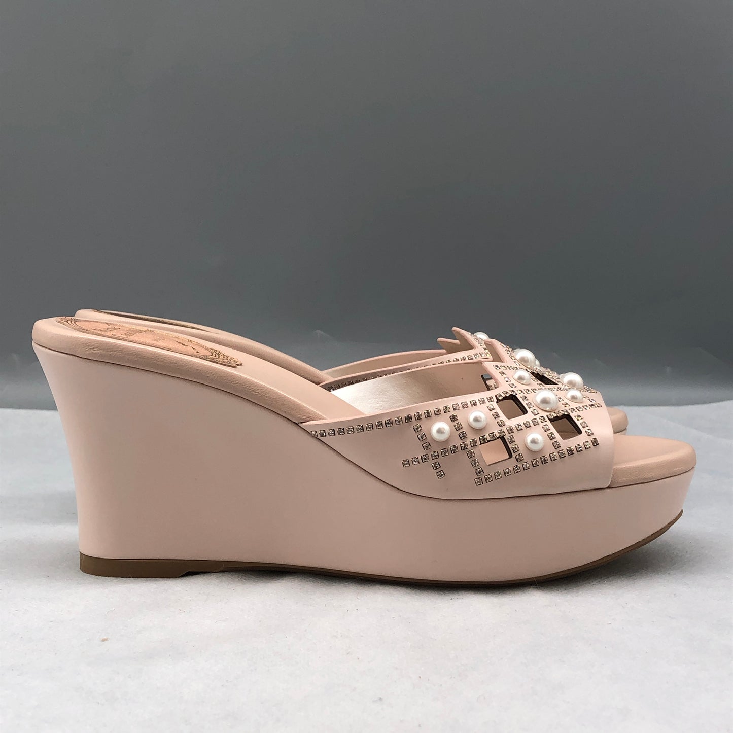 Rene Caovilla Blush Pink Pearl-Embellished Wedge Mules Size 35
