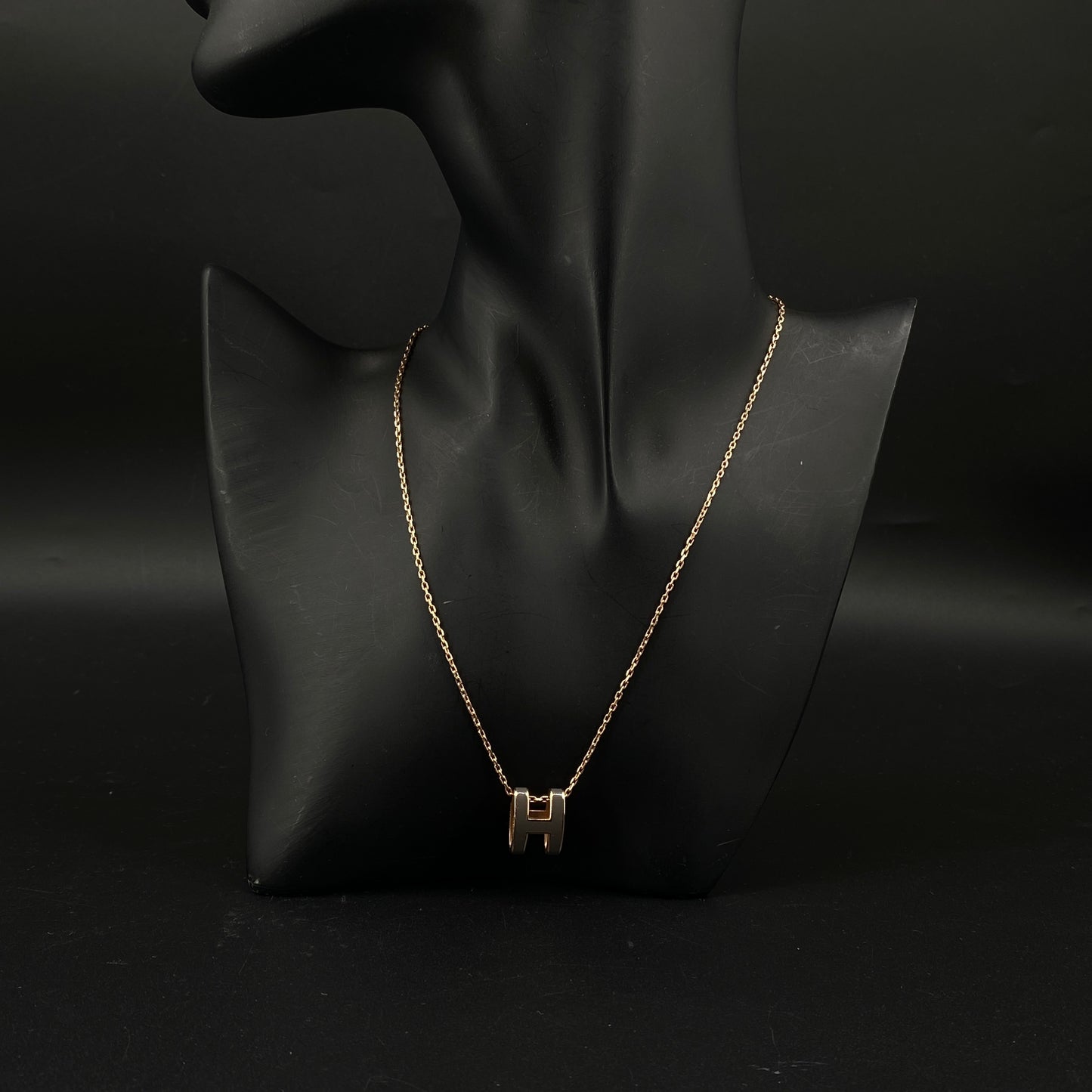 Hermes Grey Enamel Gold H Pendant Necklace