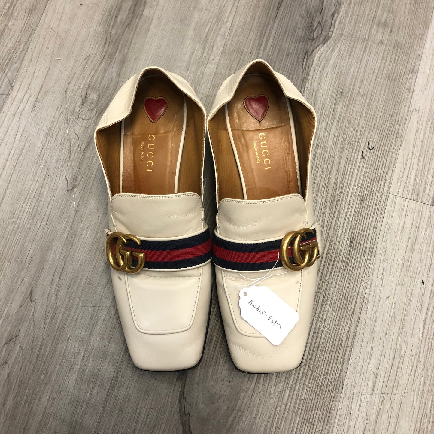 Gucci Women's Web Stripe Pearl Heel Mule Slip On Loafer Shoes 36.5 Cream Red Green