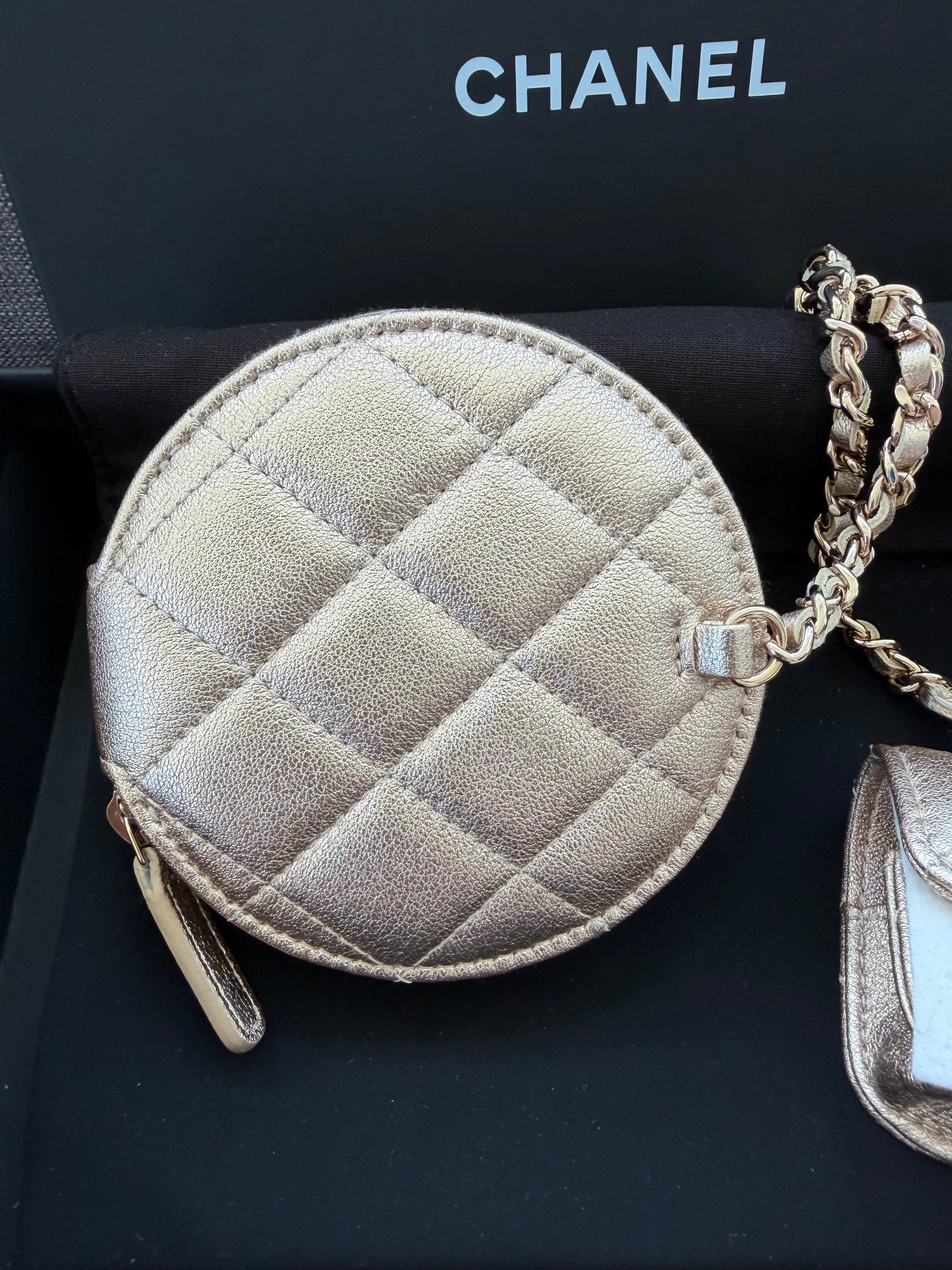 Chanel Metallic Gold Quilted Lambskin Leather Airpods Case With Coin Purse New