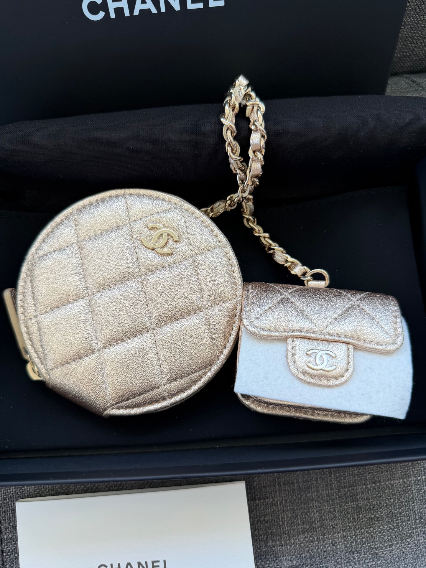 Chanel Metallic Gold Quilted Lambskin Leather Airpods Case With Coin Purse New