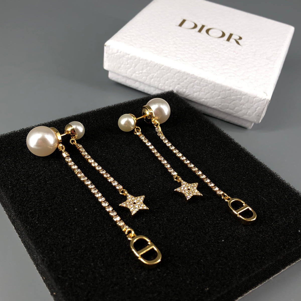 Christian Dior Gold Tone Pearl Star Crystal Drop Earrings