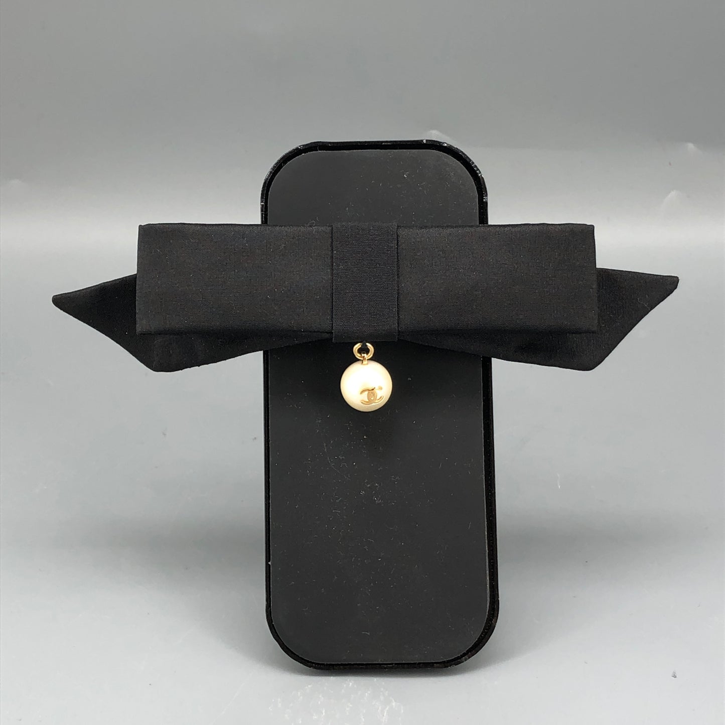 Chanel Black Bow Hair Clip with CC Pearl Charm