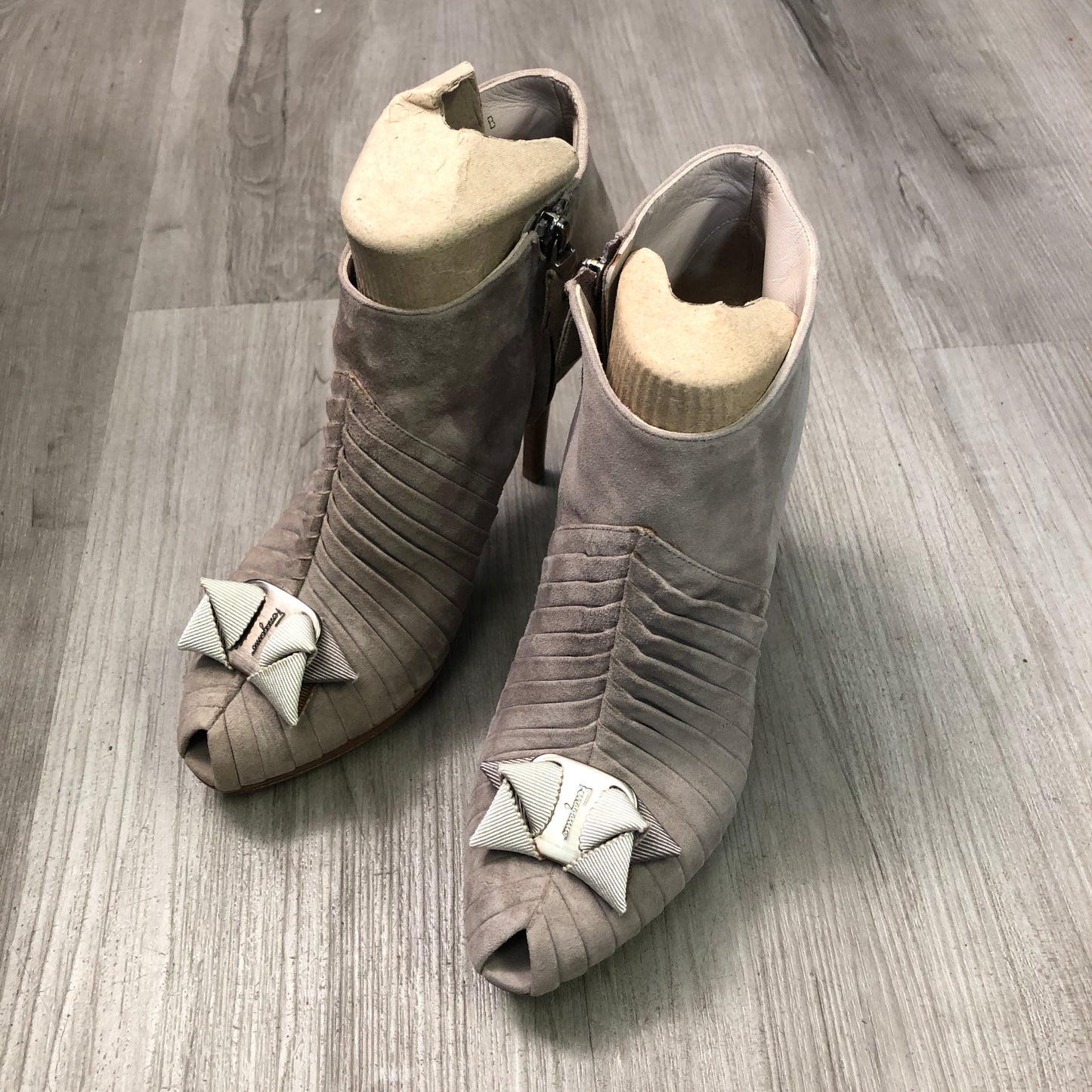 Salvatore Ferragamo Nude Suede Peep Toe Ankle Booties Size 6.5
