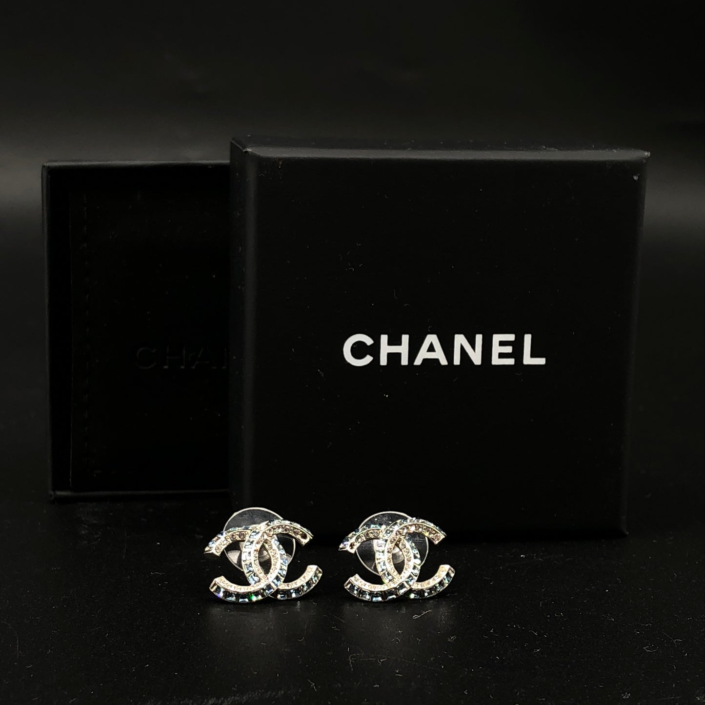 Chanel Blue Crystal Inlaid Interlocking CC Stud Earrings