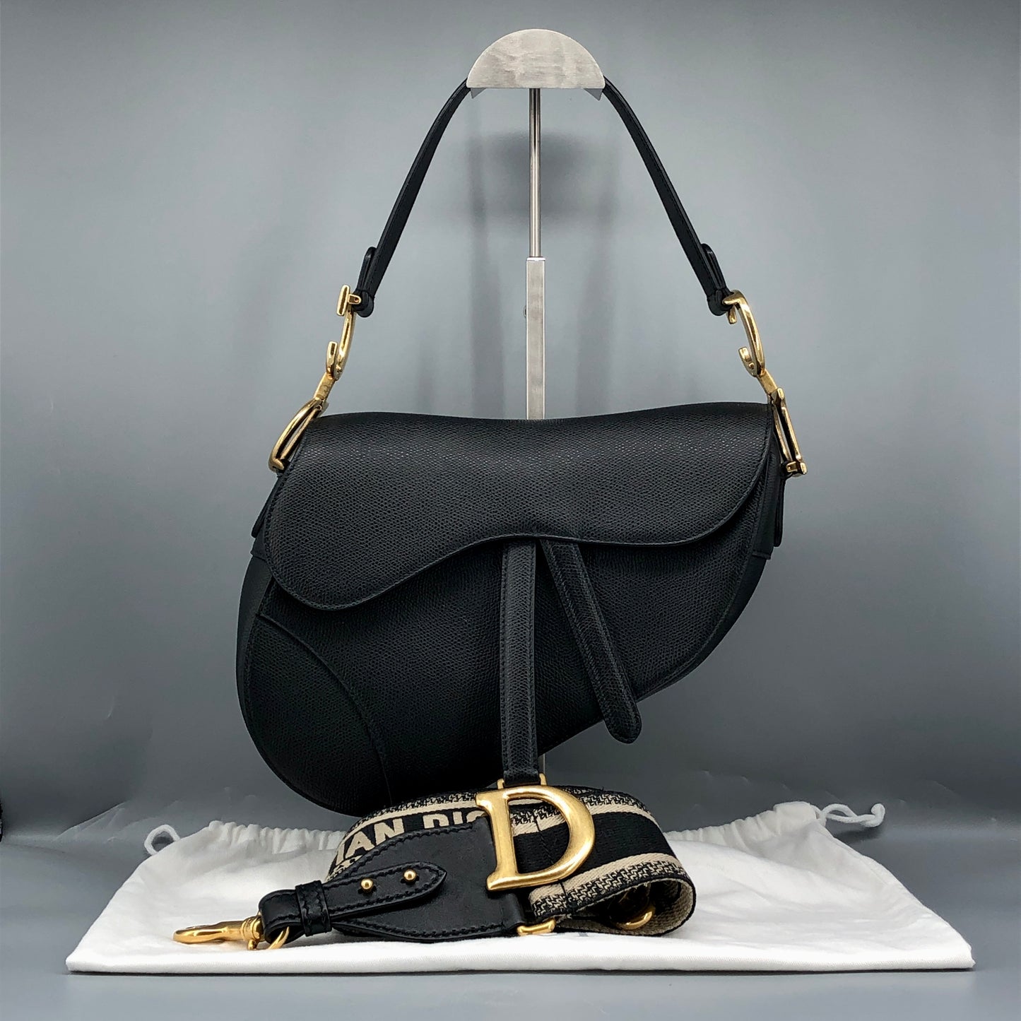 Christian Dior Saddle Medium Grained Calfskin Shoulder Bag  Black + Extra Strap