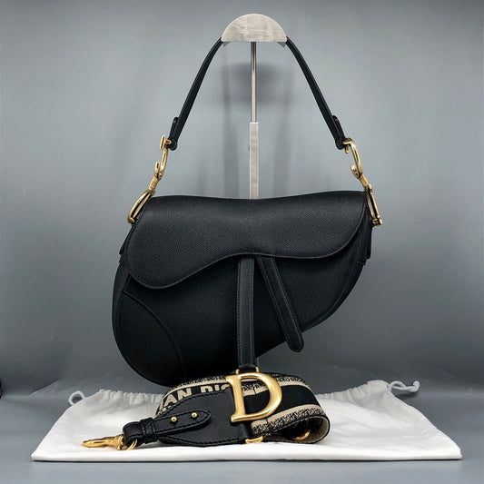 Christian Dior Saddle Medium Grained Calfskin Shoulder Bag  Black + Extra Strap