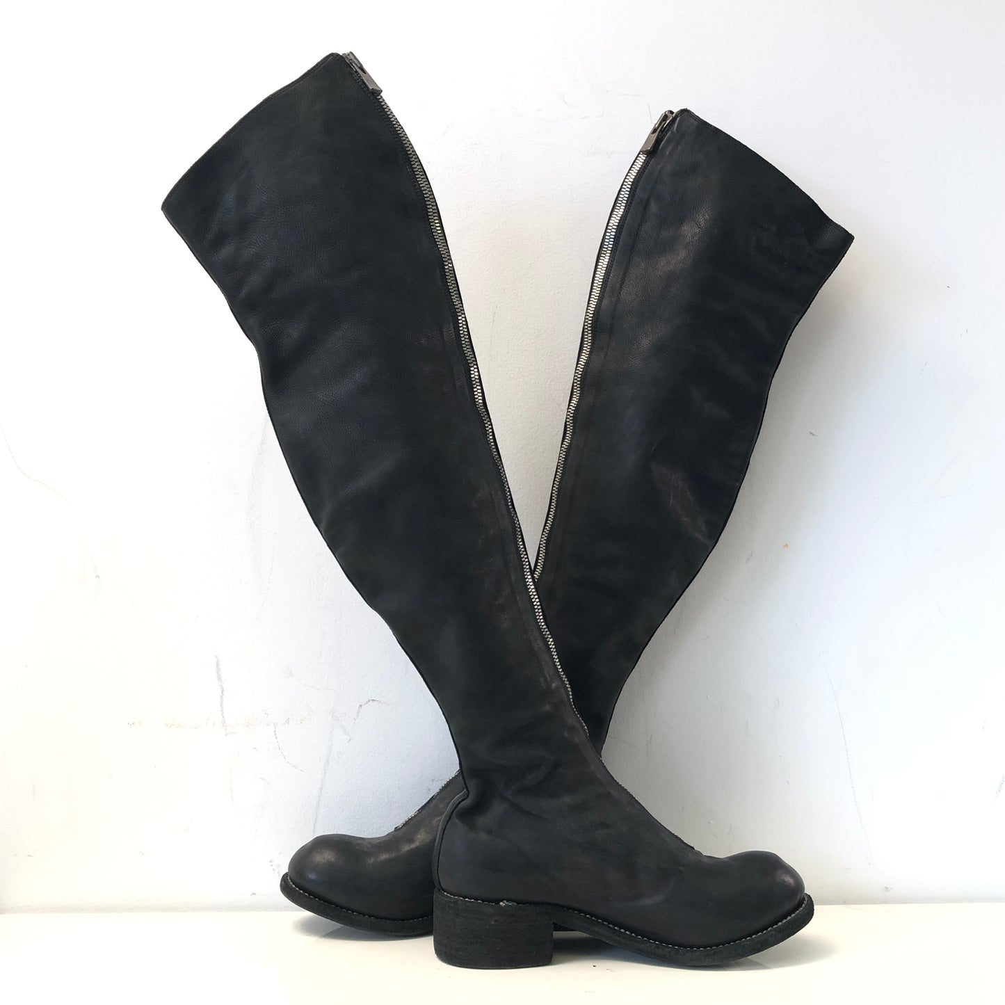 Guidi Black Horse Leather Over-the-Knee Front-Zip Boots Size 37.5