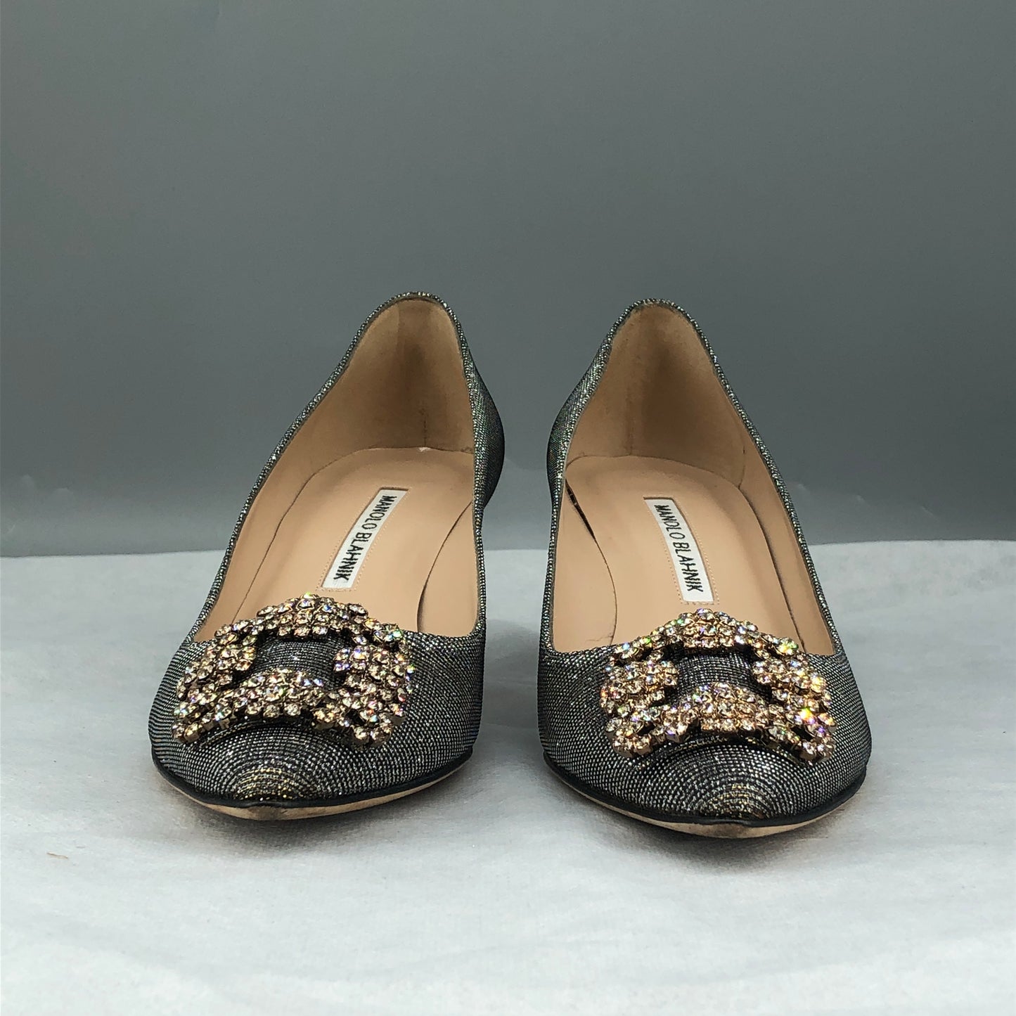 Manolo Blahnik Hangisi Gold-Silver Ombré Glitter Heels Size 36.5