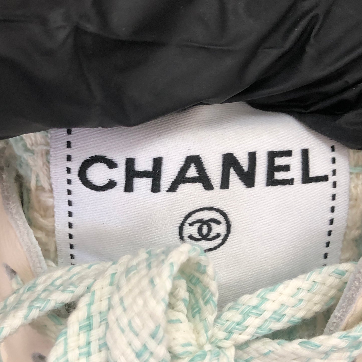 Chanel Women's Quilted Tweed CC Logo Low Top Sneakers 36.5 White Light Blue Two-Tone