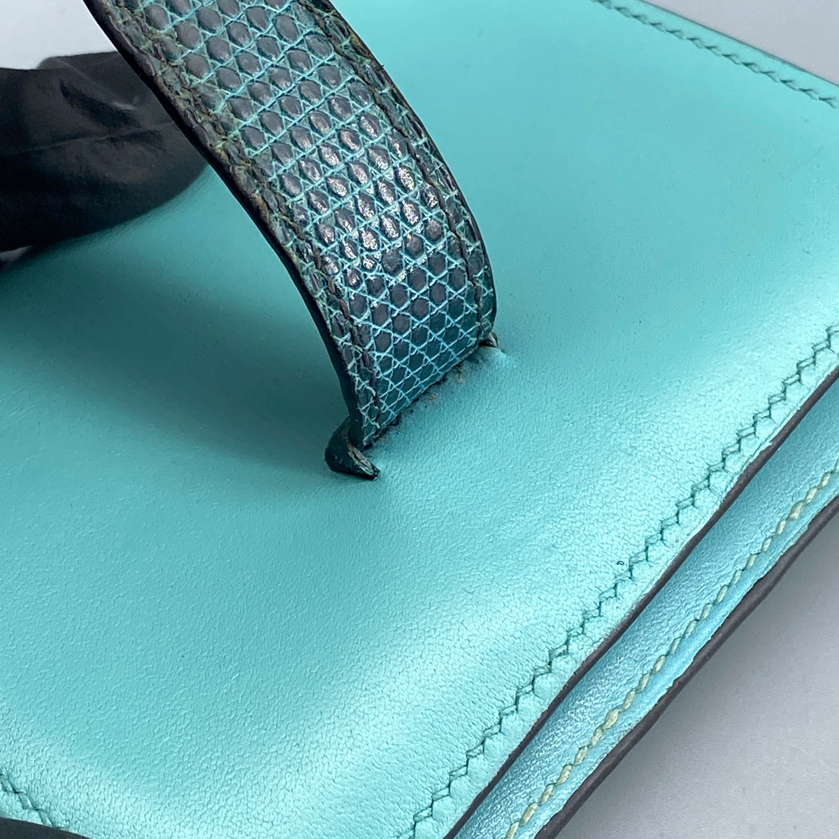 Hermes Bearn Compact card holder Tiffany Blue with Lizard leather strap