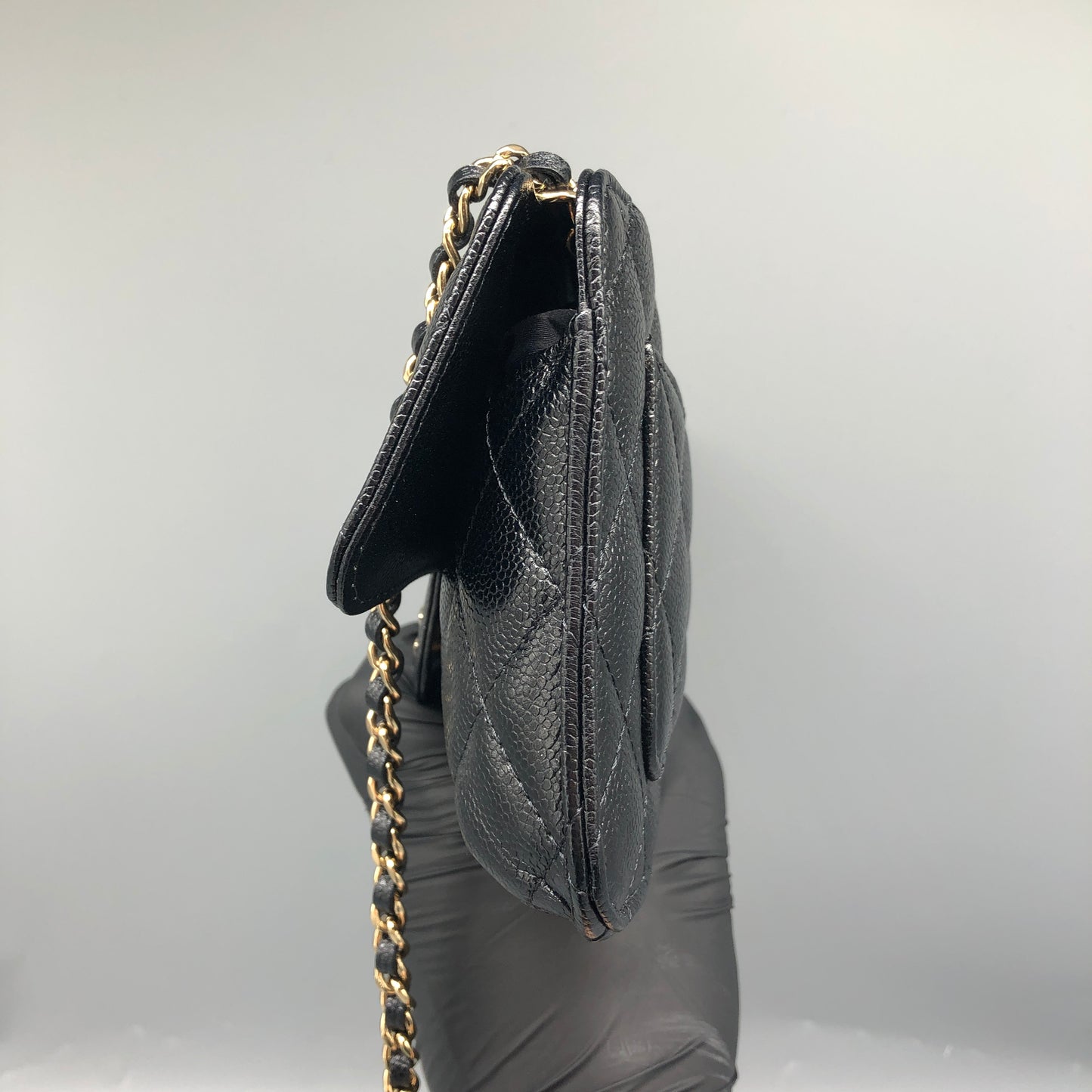 Chanel Foldable Tote Bag with Chain Quilted Caviar and Printed Nylon.