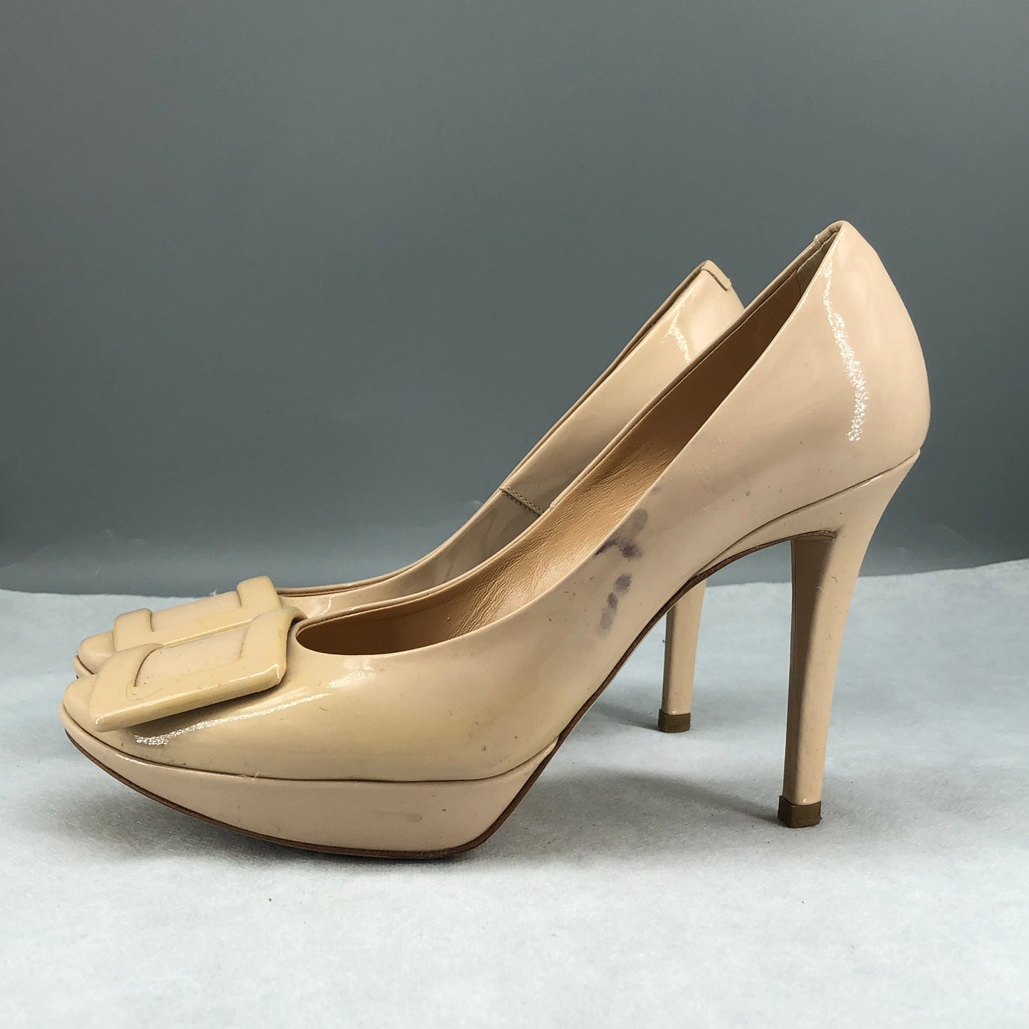 Roger Vivier Nude Patent Leather Square Buckle Platform High Heels 35.5