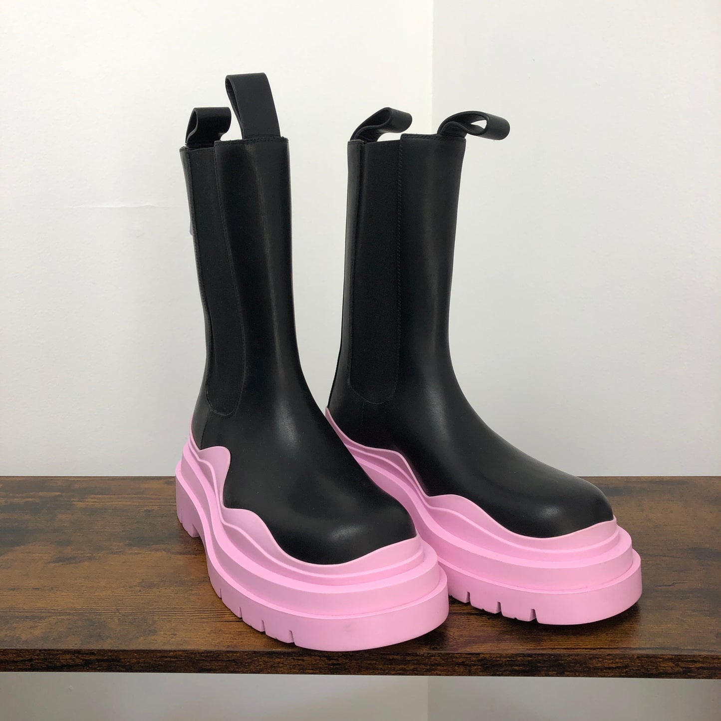 Bottega Veneta Two-Tone Rubber Tire Mid-Calf Rain Boots 36 Black Pink