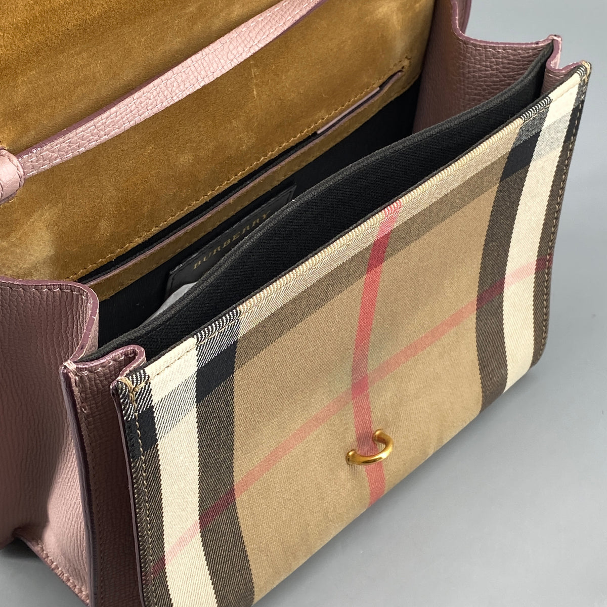 Burberry Derby Calfskin House Check Small Macken Crossbody Bag Pale Orchid
