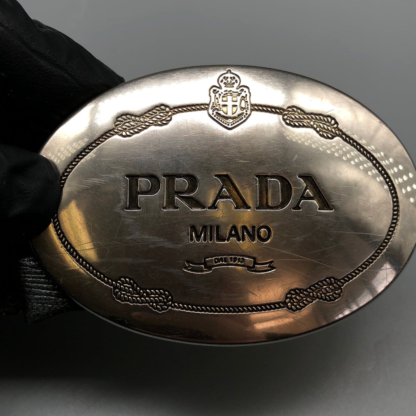 Prada Black Leather Oval Logo Buckle Belt 90cm