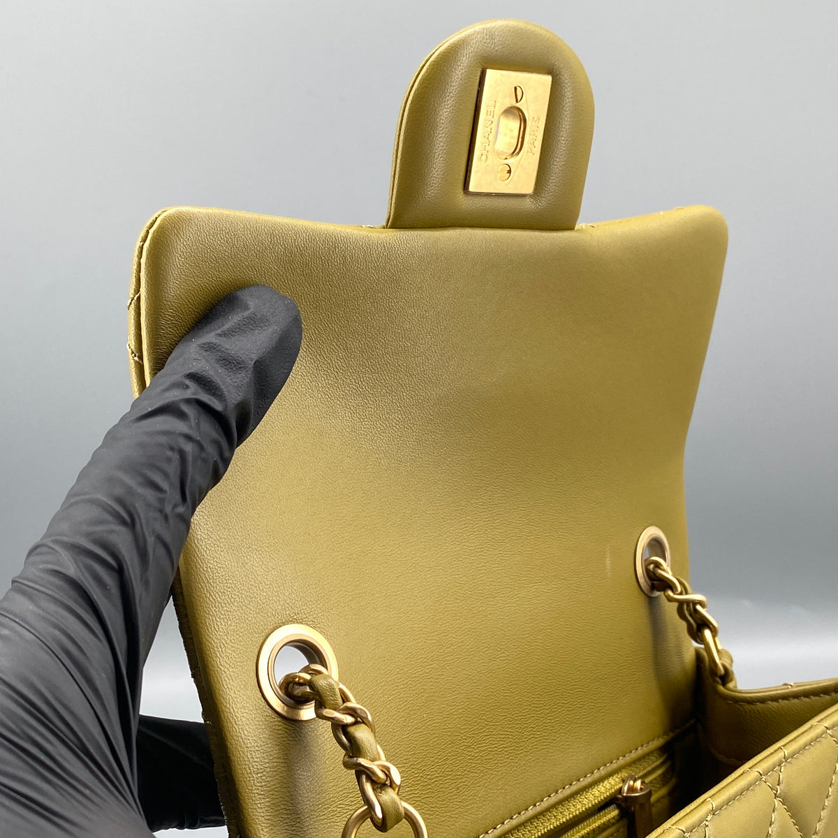 Chanel Olive Green Quilted  Lambskin Ball Charm Flap Bag