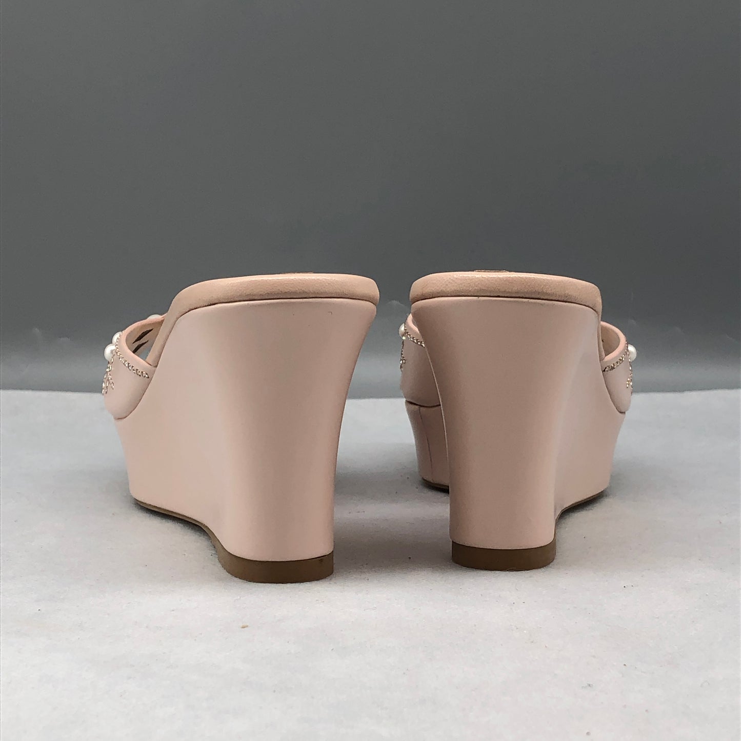 Rene Caovilla Blush Pink Pearl-Embellished Wedge Mules Size 35
