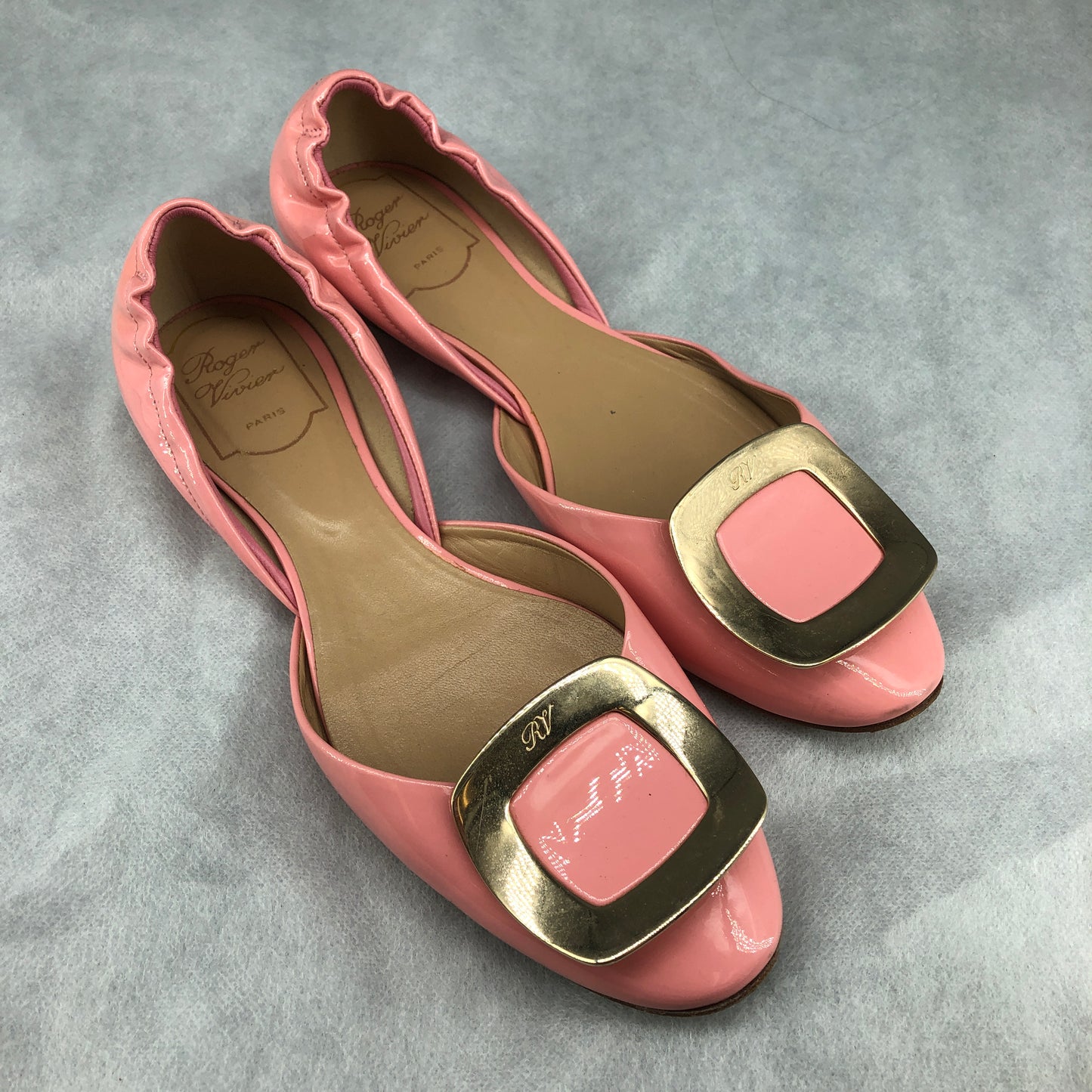 Roger Vivier Blush Pink Patent Leather Square Buckle Flat Shoes 37