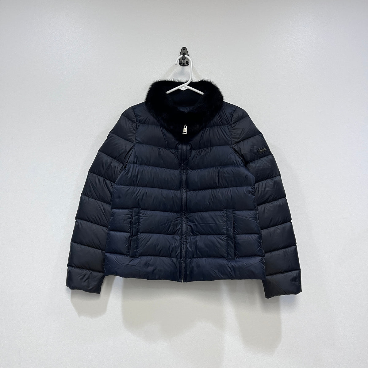 Fendi Navy Blue Puffer Fox Fur Trim Jacket size 40