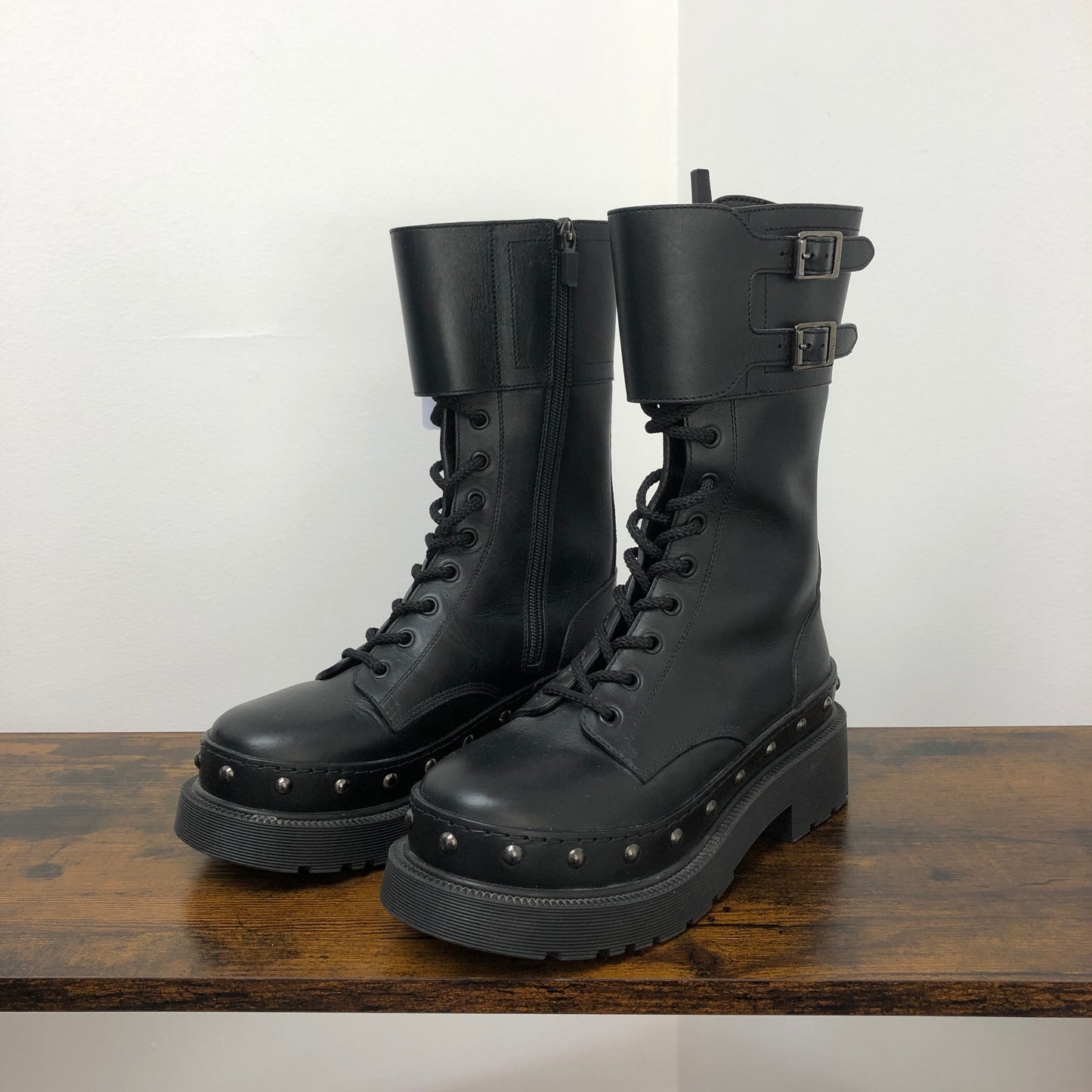 Christian Dior Black Smooth Calfskin Platform Combat Mid Calf Boots 36.5