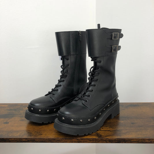Christian Dior Black Smooth Calfskin Platform Combat Mid Calf Boots 36.5