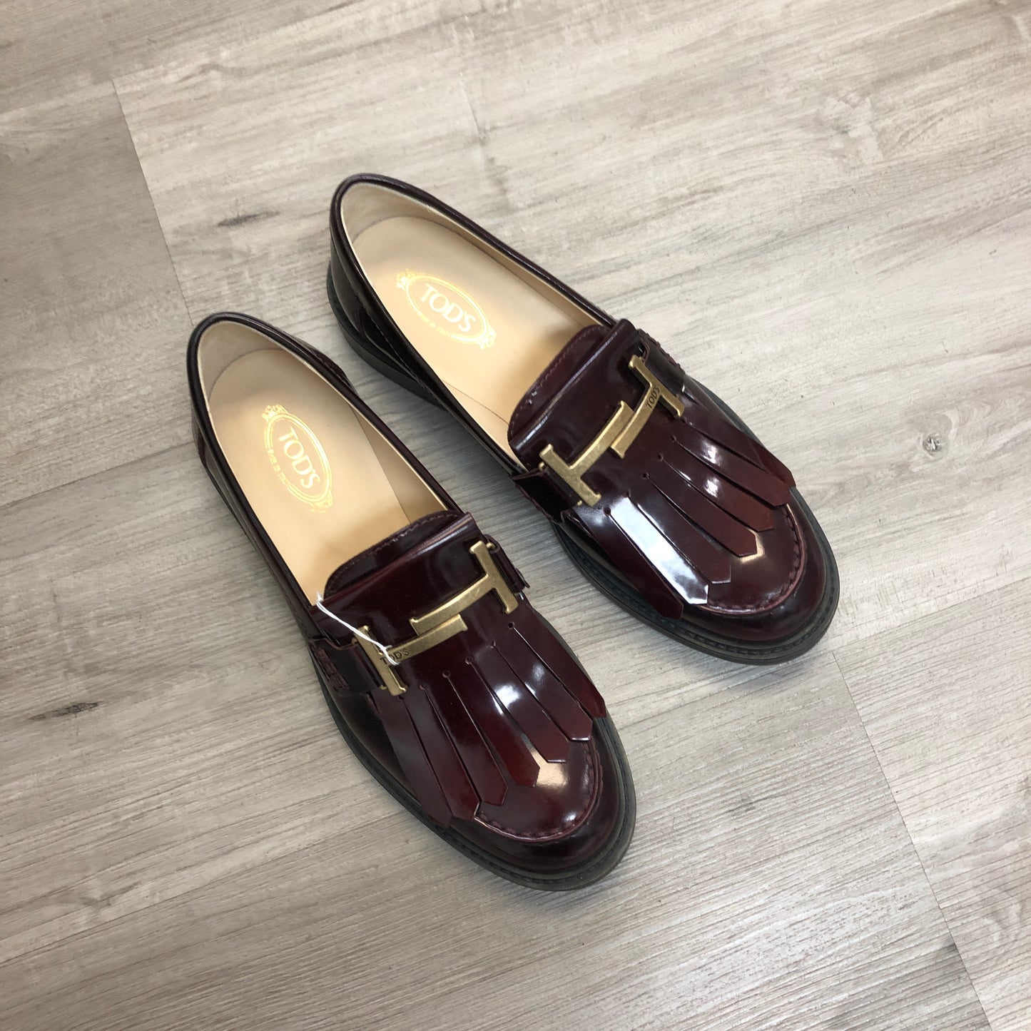 Tod’s Women’s Double T Patent Leather Loafer Shoes 37 Burgundy