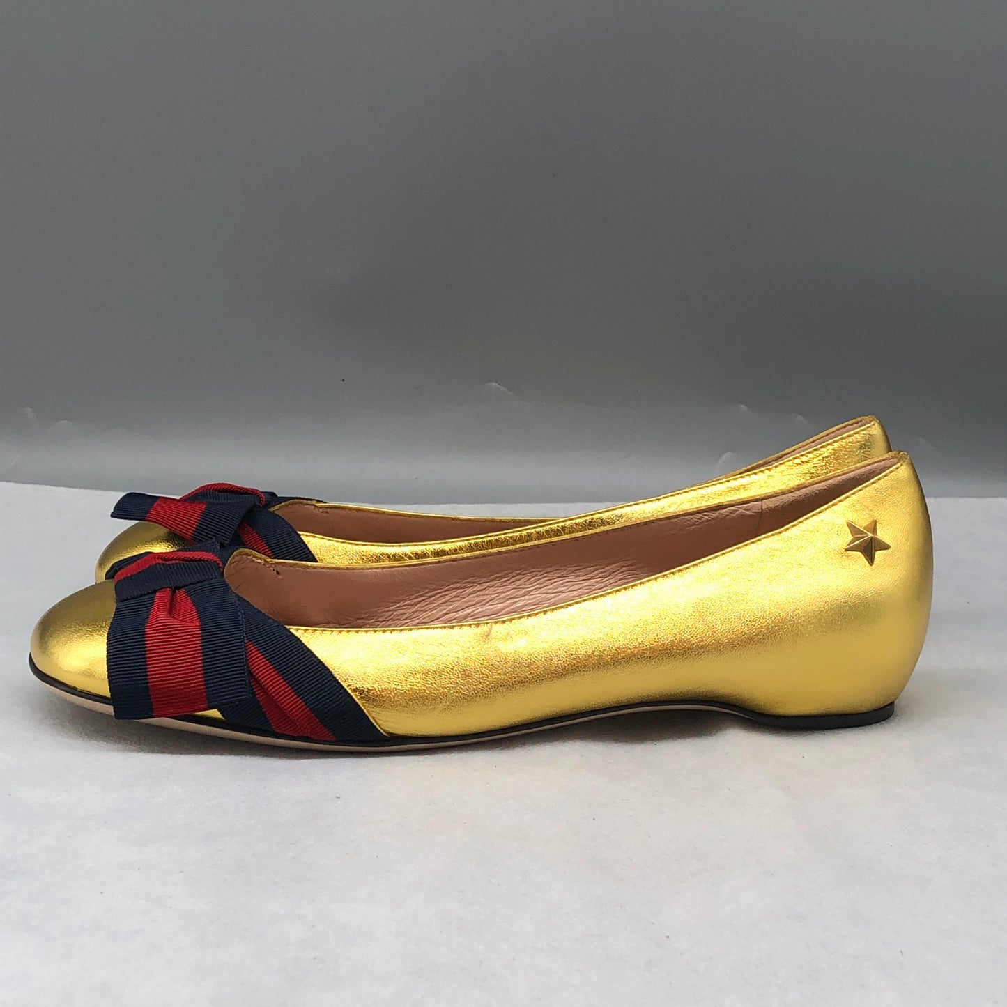 Gucci Women Ballet Flats Shoes Gold Web Bow Size 36