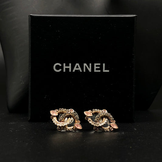 Chanel 2013C CC Crystal Pearl Earrings Gold Tone