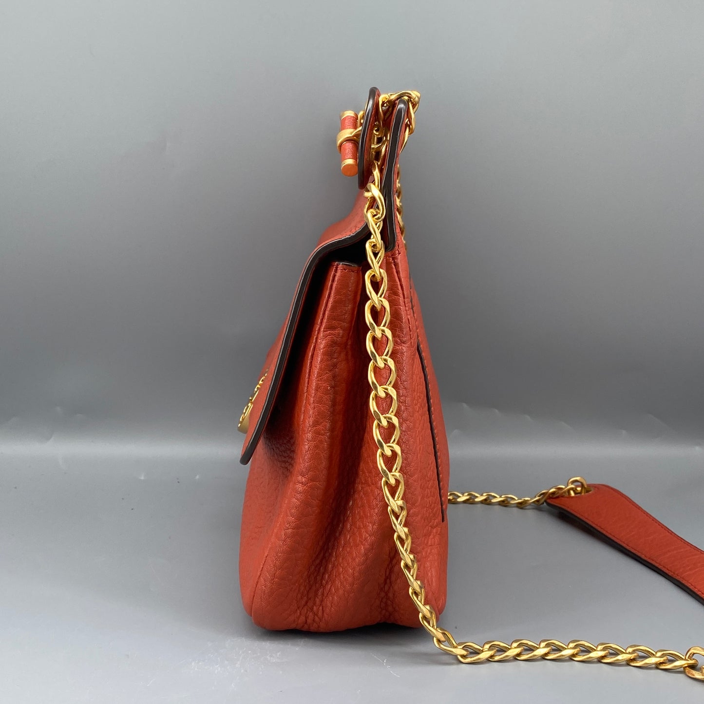 Tory Burch Orange Pebbled Leather Double T Logo Flap Chain Shoulder Bag