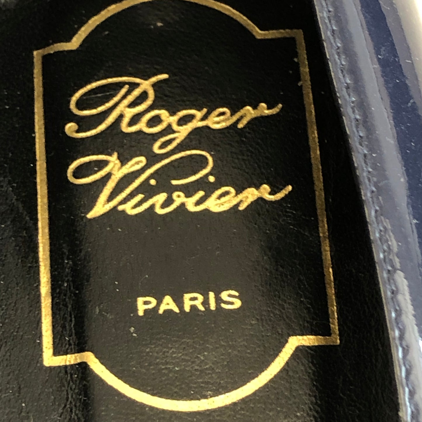 Roger Vivier Navy Patent Leather Square‑Buckle Block Heel Shoes size 35 1/2